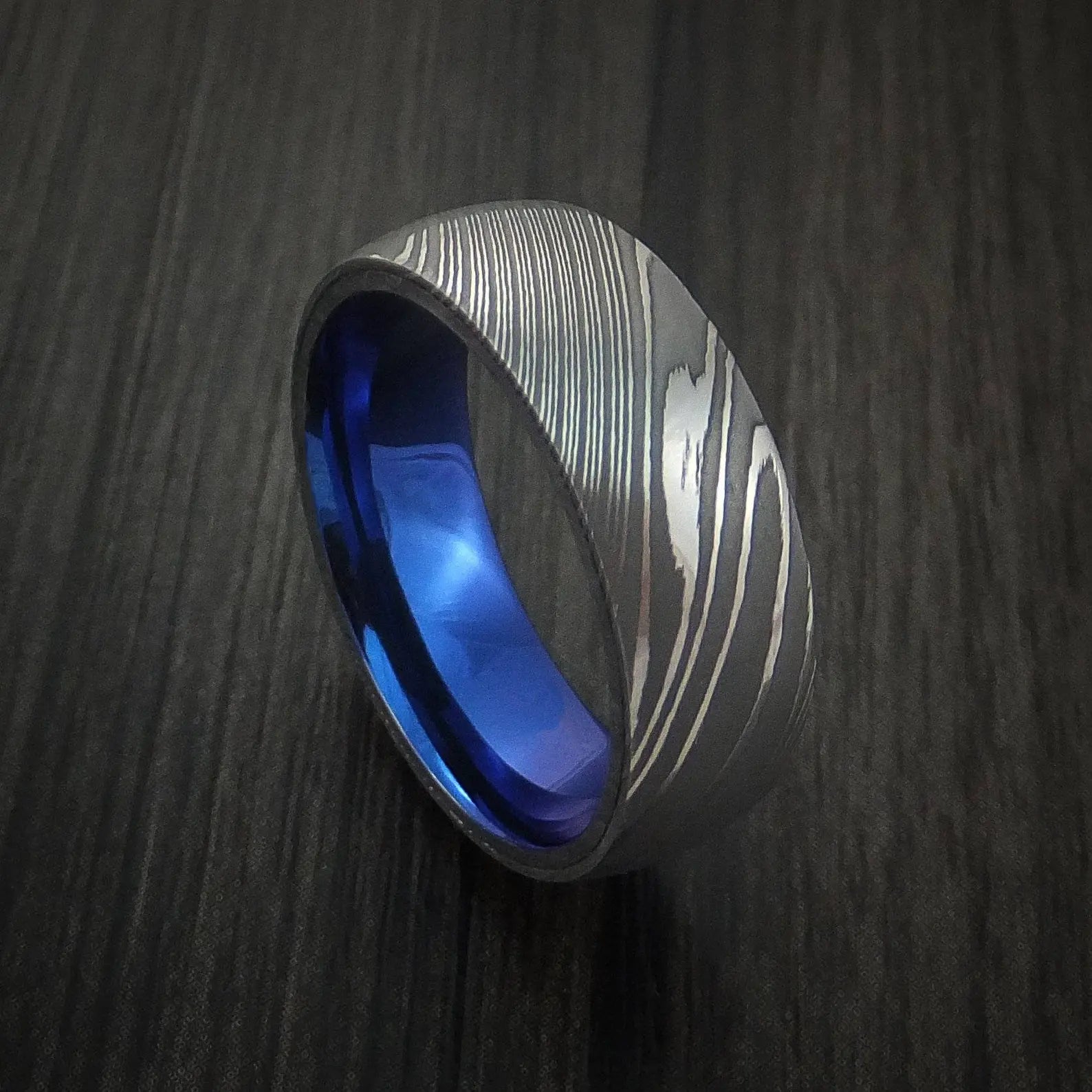 Custom Damascus Steel Ring with Anodized Titanium Liner 8mm - Stellar Forge Rings