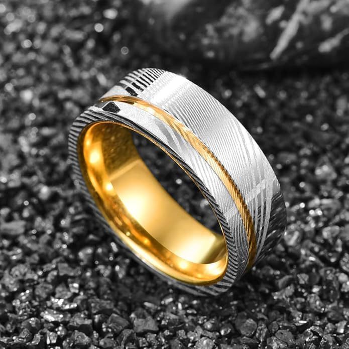 Damascus Steel and Yellow Gold Tungsten Wedding Ring 8mm - Stellar Forge Rings