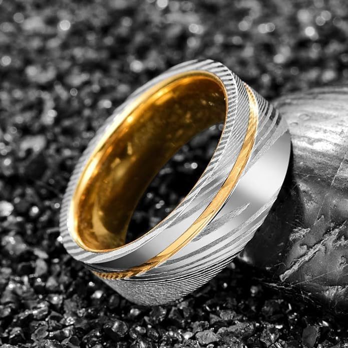 Damascus Steel and Yellow Gold Tungsten Wedding Ring 8mm - Stellar Forge Rings