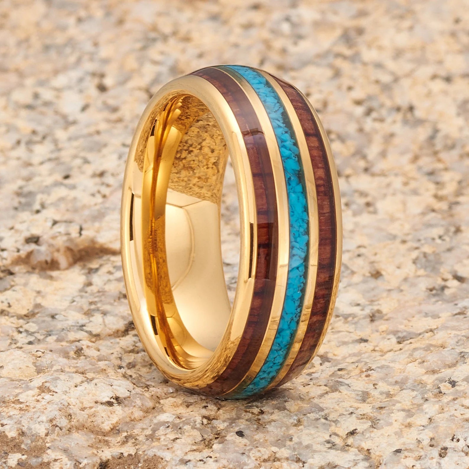 Yellow Gold Tungsten Band with Turquoise Inlay 6mm - Stellar Forge Rings