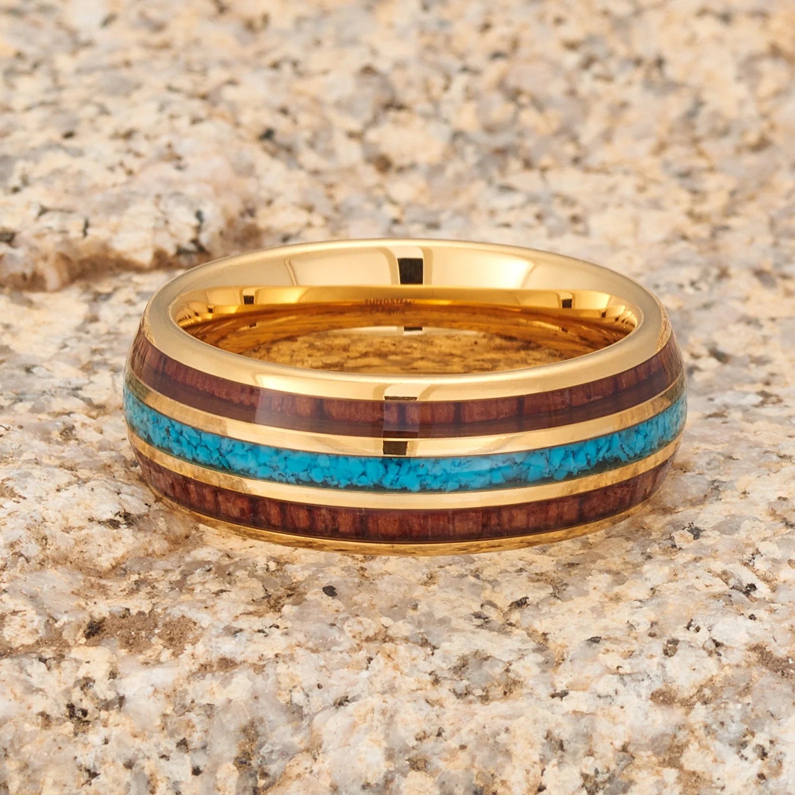 Yellow Gold Tungsten Band with Turquoise Inlay 6mm - Stellar Forge Rings