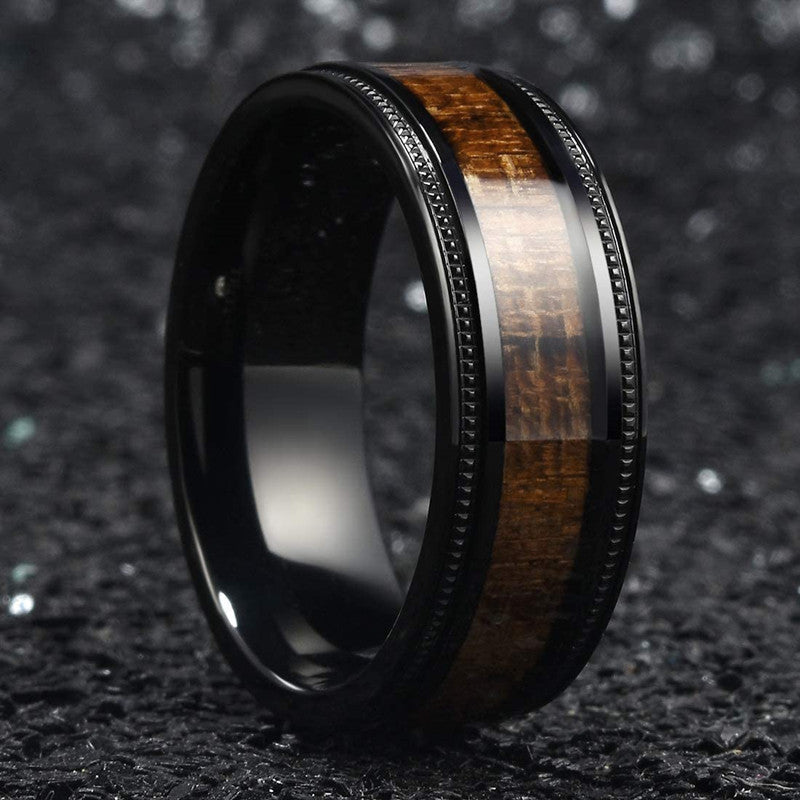 Schwarzer Wolframring mit exotischem Koa-Holz – Herren-Trauring, Holzring, natürlicher Ehering, 8 mm, einzigartiger Herrenring, hölzerner Trauring