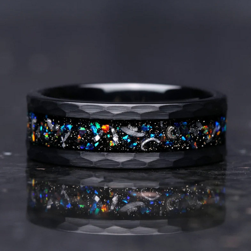 Meteoriten-Galaxie-Opal-Ehering, Schwarzer Wolframring 8 mm, Gehämmert, Flach, Matt Gebürstet, Authentischer Meteoritenring, Einzigartiger Ring