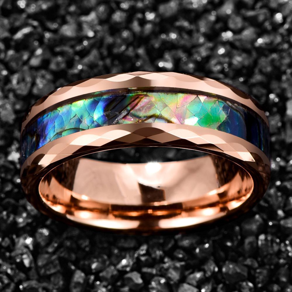 Herren-Wolframring mit Roségold-Inlay und Abalone-Perlmutt, 8 mm