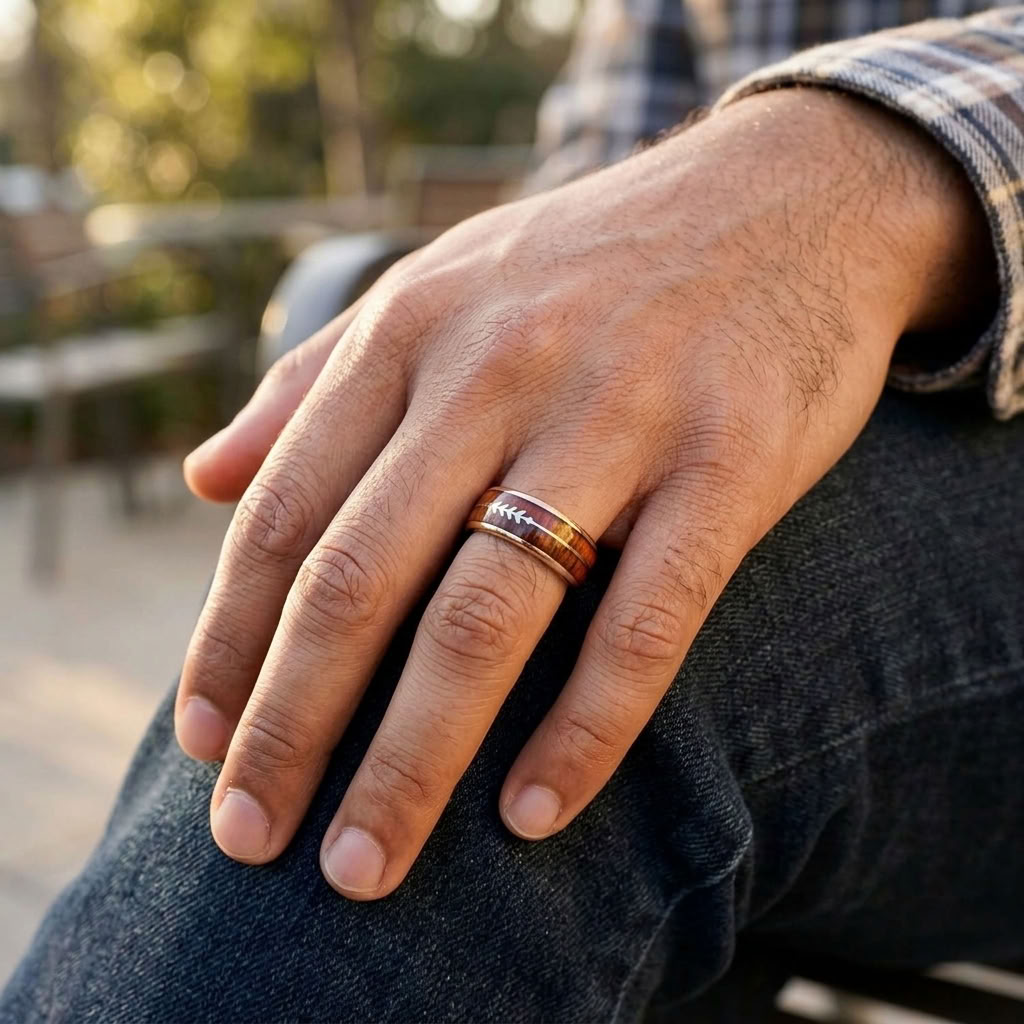 Goldfarbener Wolframring mit Holzeinlage und Pfeilmotiv – 8 mm