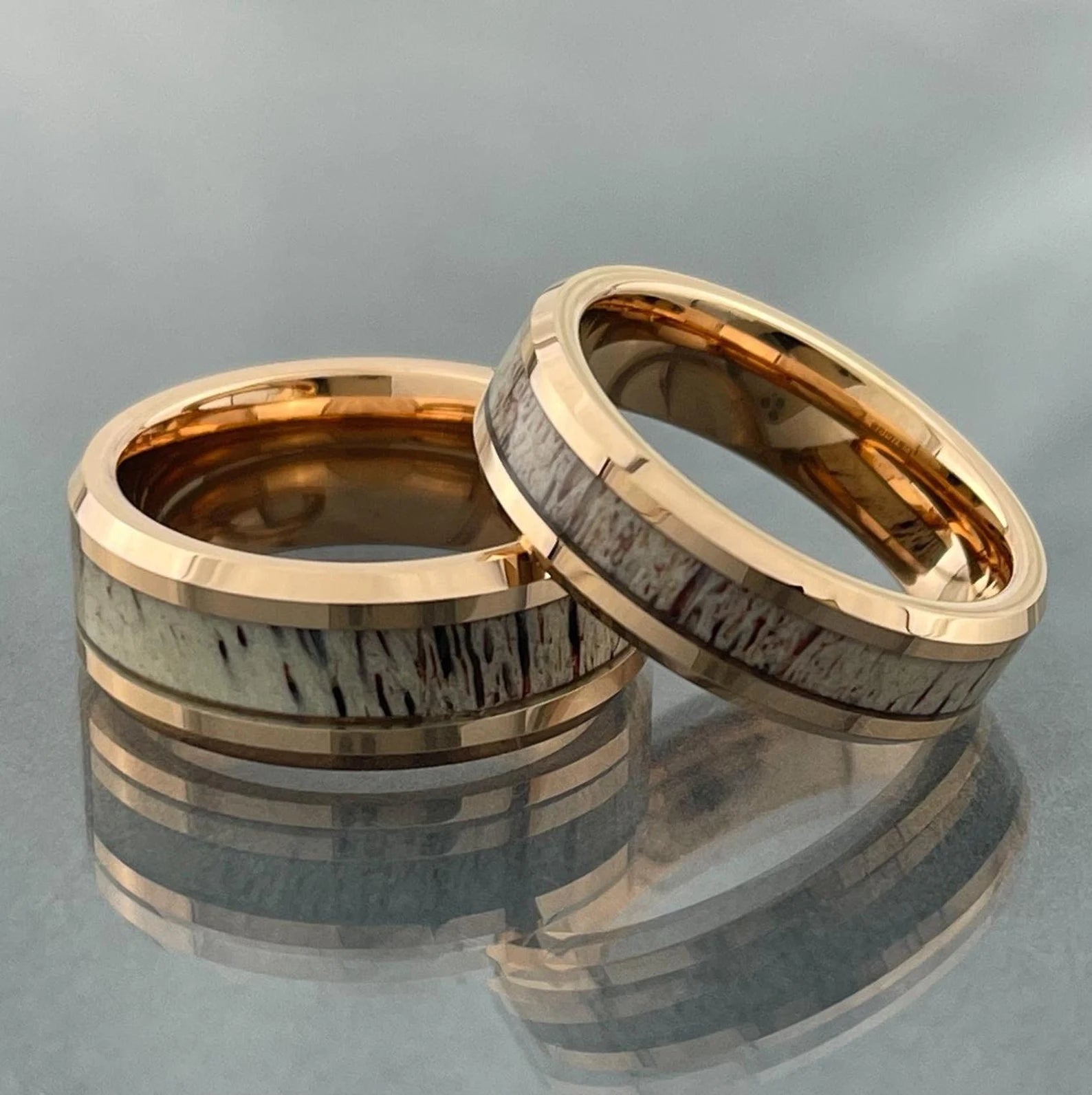 Roségold Ehering für Männer und Frauen, Wolframring mit Hirschgeweih, Roségold Hirschgeweihring, 6 mm