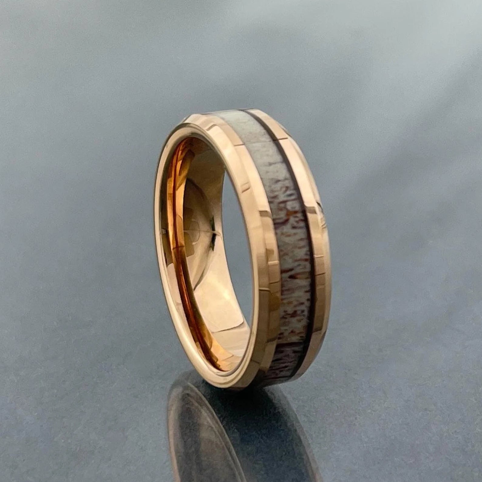 Roségold Ehering für Männer und Frauen, Wolframring mit Hirschgeweih, Roségold Hirschgeweihring, 6 mm