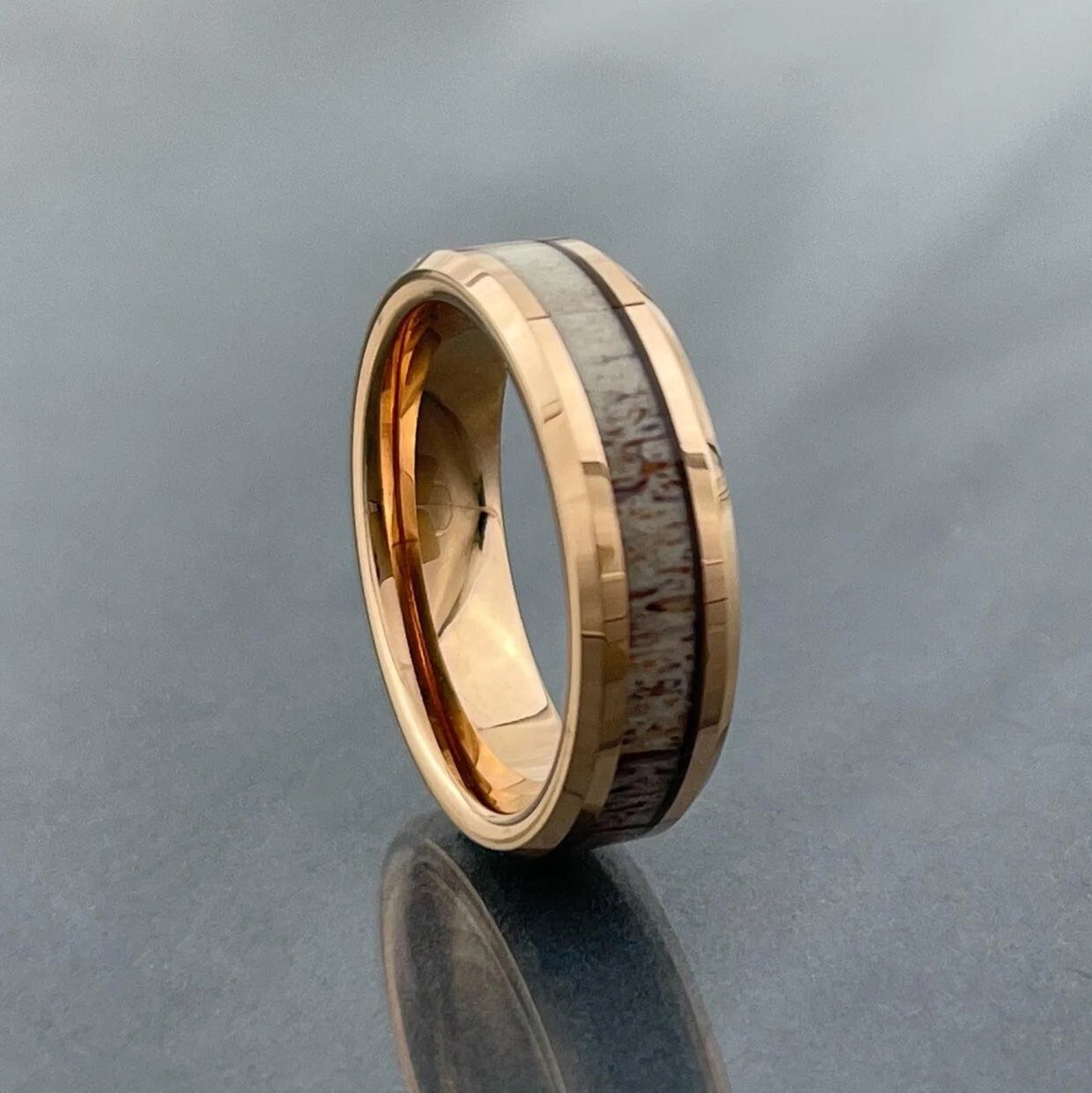 Roségold Ehering für Männer und Frauen, Wolframring mit Hirschgeweih, Roségold Hirschgeweihring, 6 mm