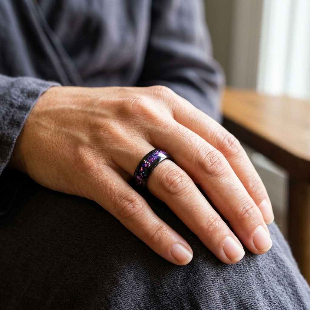 Wolframring mit lila Opal – 8 mm