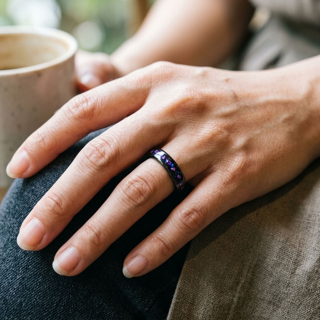 Wolframring mit lila Opal – 4 mm