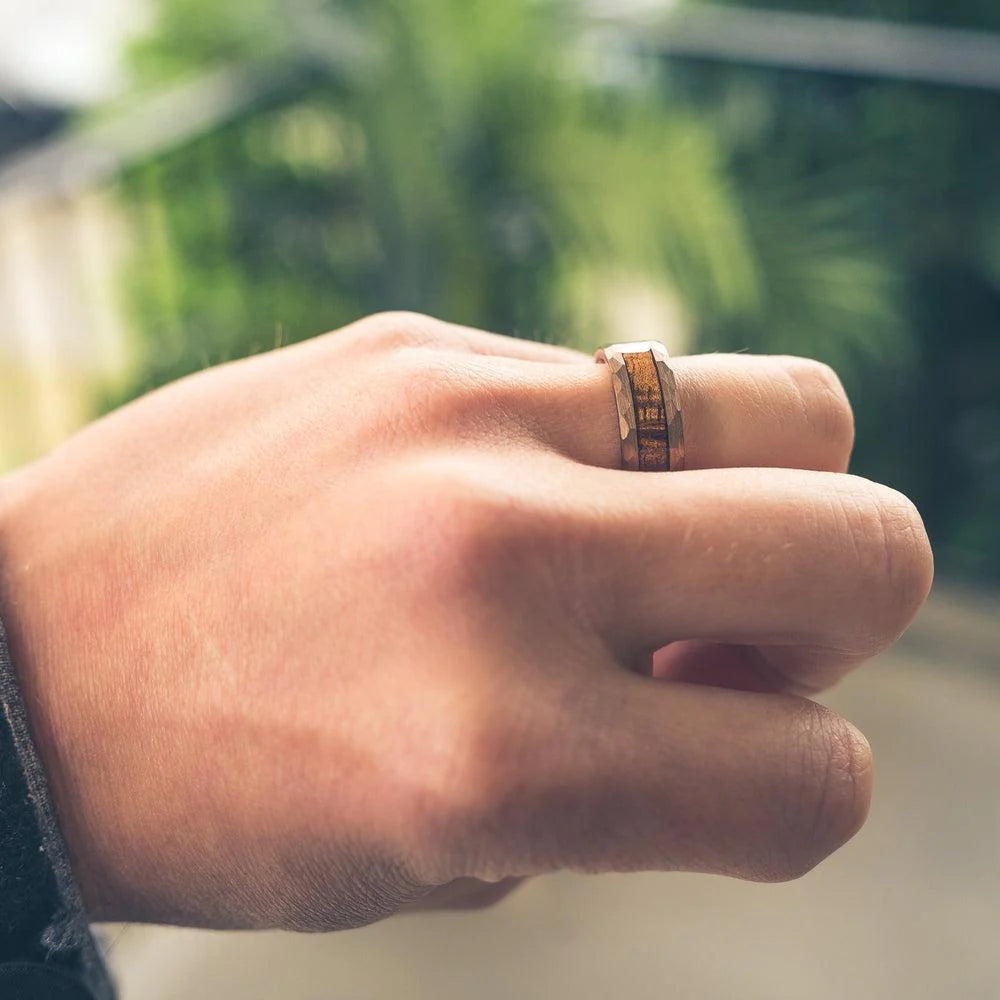 Golden tungsten ring with wine barrel wood 8 mm